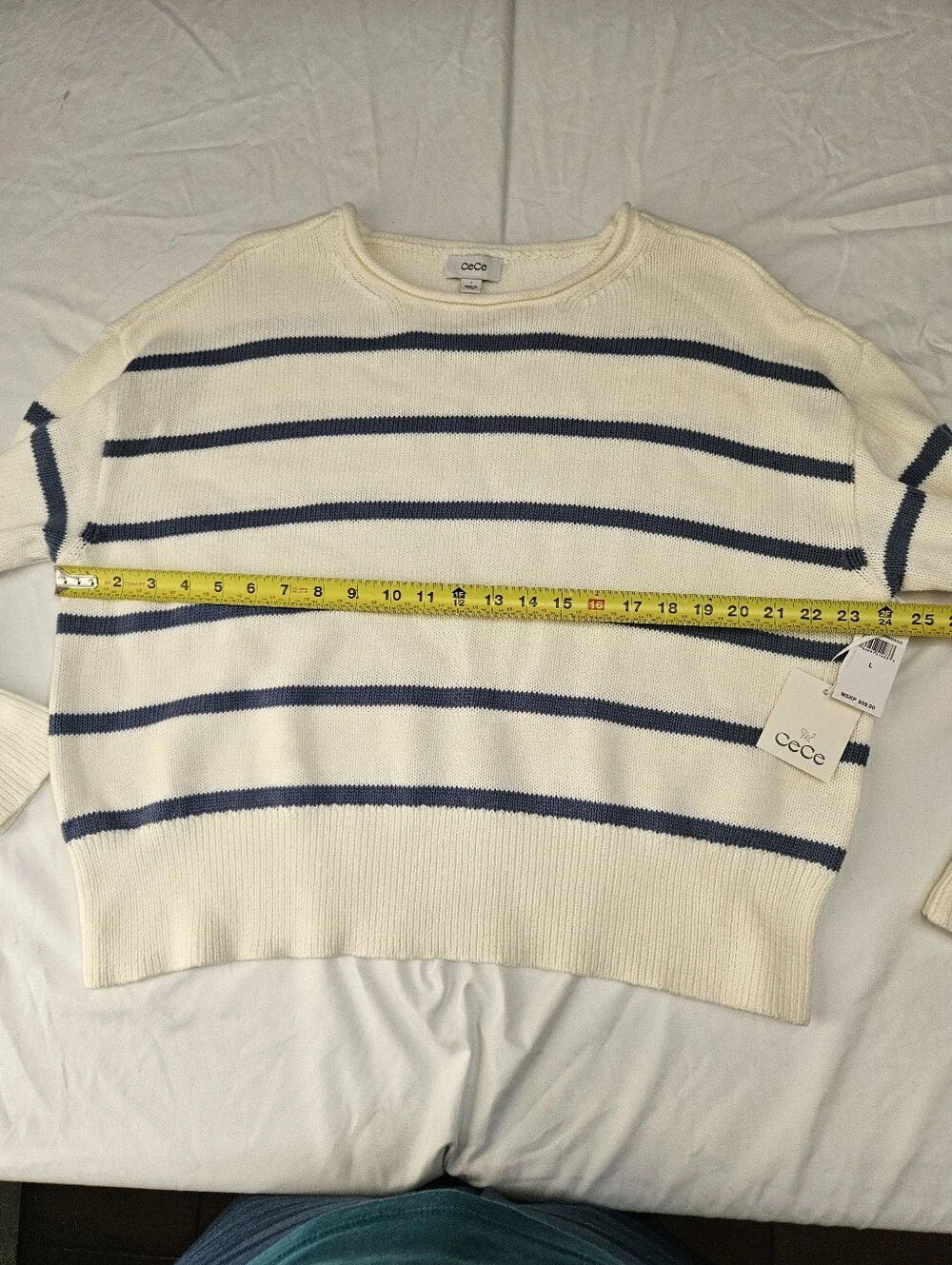 Cece Cream and Periwinkle Blue Striped Crewneck Sweater
